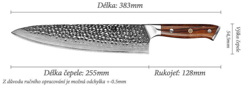 Rozměry šéfkuchařského nože XinZuo B13D s 10